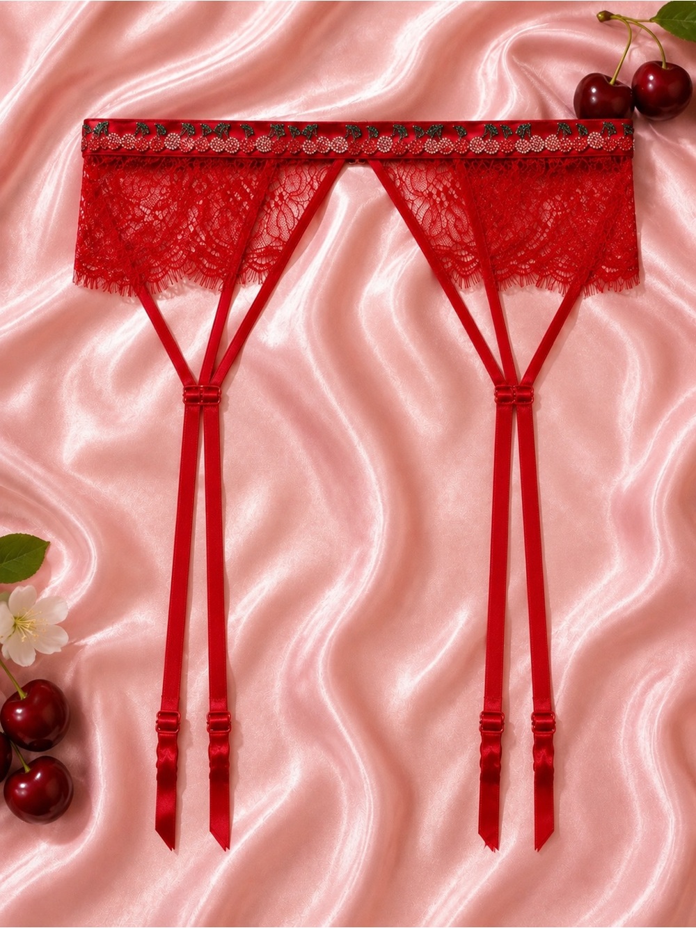 Victoria’s Secret Red Lace Rhinestone Cherry Garter Belt M/L Adjustable Straps